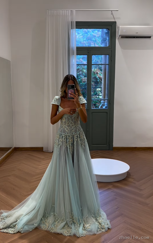 Baby blue A-line wedding guest dress with beaded bodice - Zhaelle