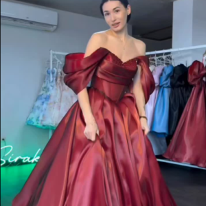 Burgundy Ball Gown Off The Shoulder Satin Beaded Puffed Sleeves Prom Gown - Zhaelle formal gown