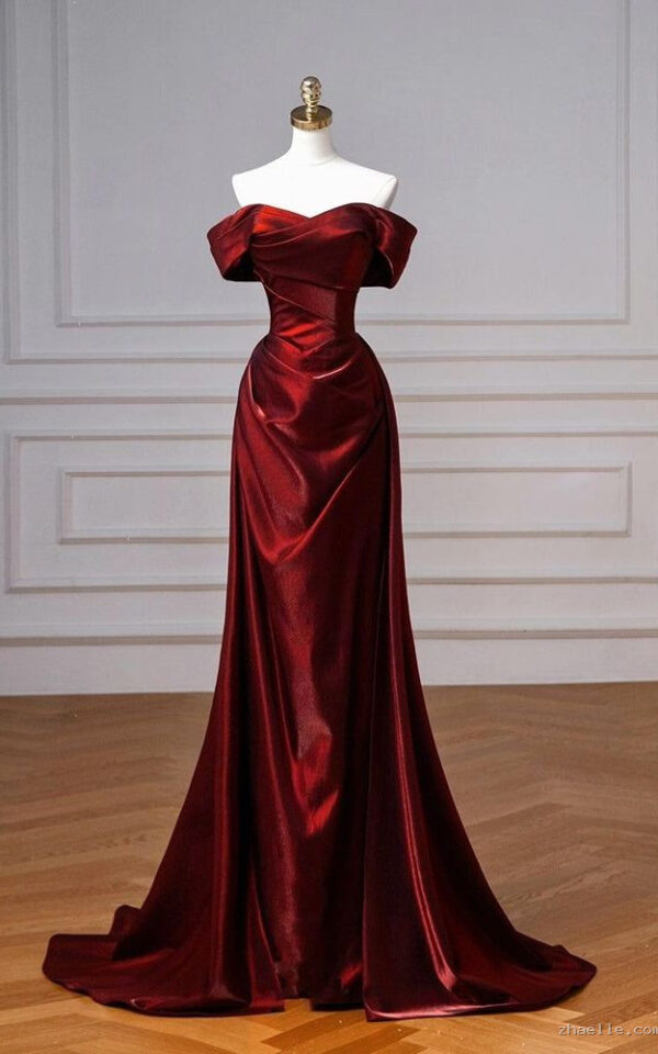 Burgundy Prom Dresses Off The Shoulder Draped Satin Floor Length Evening Dress - Zhaelle formal gown