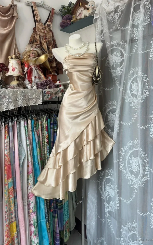 Champagne Short Ruffle Satin Short Formal Dress Birthday Dresses - Zhaelle formal gown