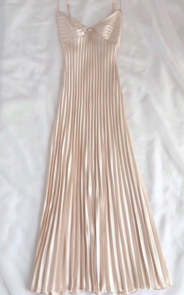 Champagne Spaghetti Straps Long Prom Dress Pleated Slip Gown - Zhaelle formal gown
