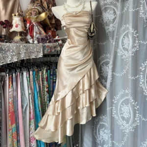 Champagne Strapless Satin Asymmetrical Maxi Ball Gown - Zhaelle formal gown