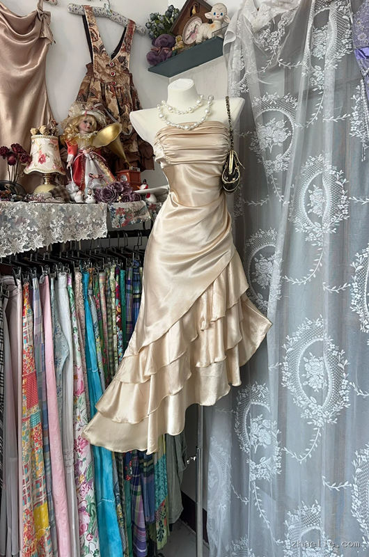 Champagne Strapless Satin Asymmetrical Maxi Ball Gown - Zhaelle formal gown