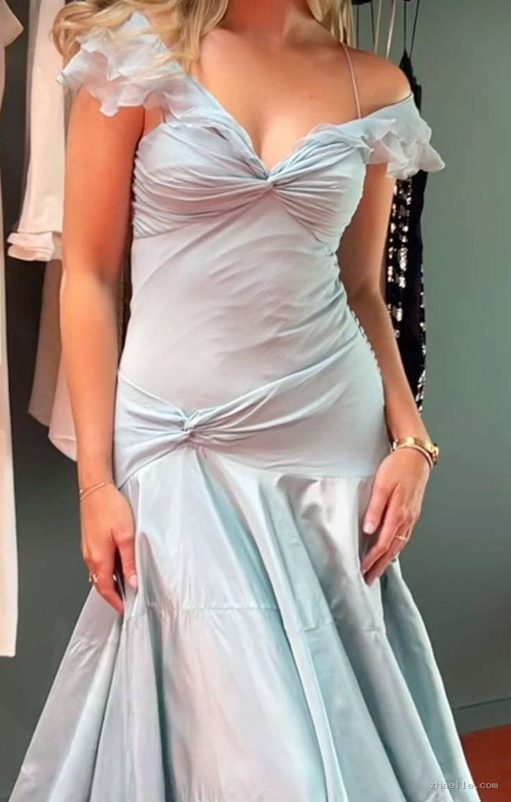 Classy Mermaid Off The Shoulder Light Blue Evening Dress Prom Birthday Dresses - Zhaelle formal gown