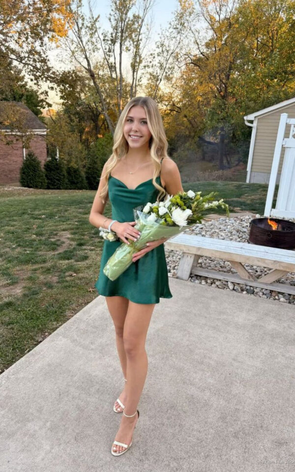 Cute Cowl Neck Emerald Green A-line Short Dress Straps Formal Mini Dresses - Zhaelle formal gown