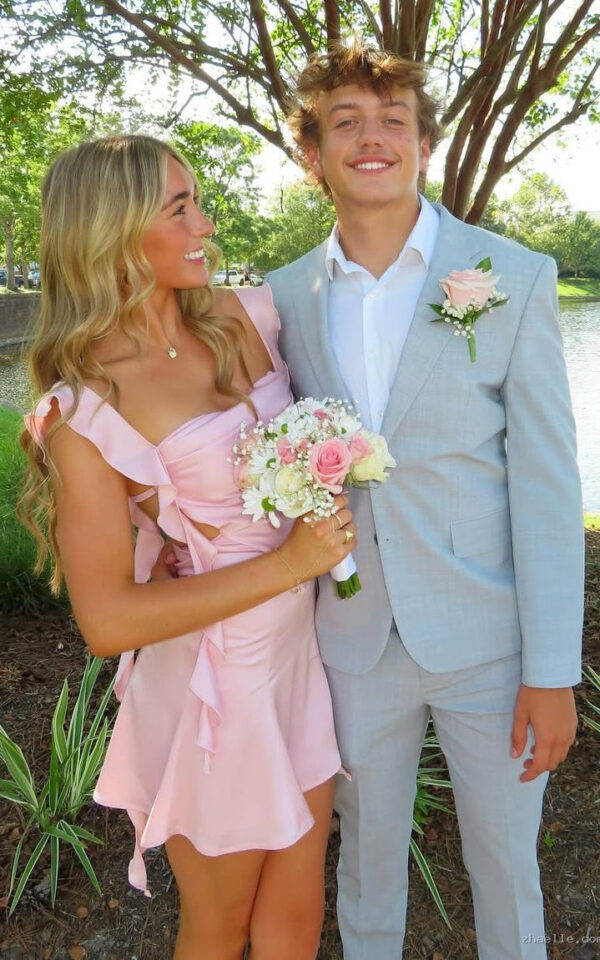 Cute Square Neck Pink Short Hoco Dress Open Back - Zhaelle formal gown