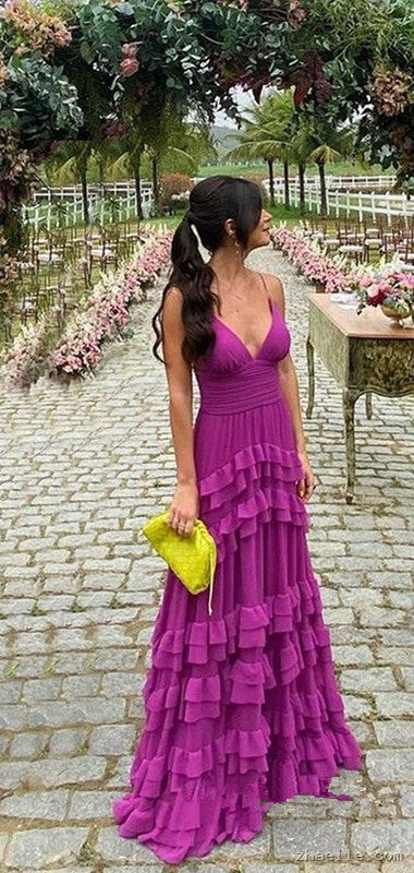 Elegant A line Long Tiered Ruffle Maxi Dress Chiffon Prom Dresses 22th Birthday Outfits - Zhaelle formal gown