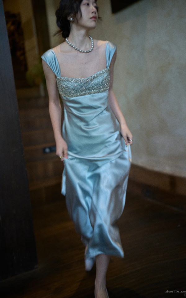 Elegant Blue Sheath Party Dress Straps Beaded Satin Long Formal Dresses - Zhaelle formal gown