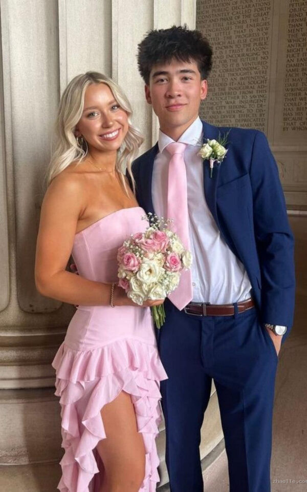 Elegant Pink Strapless Sheath Prom Dress with Cascading Ruffle - Zhaelle formal gown