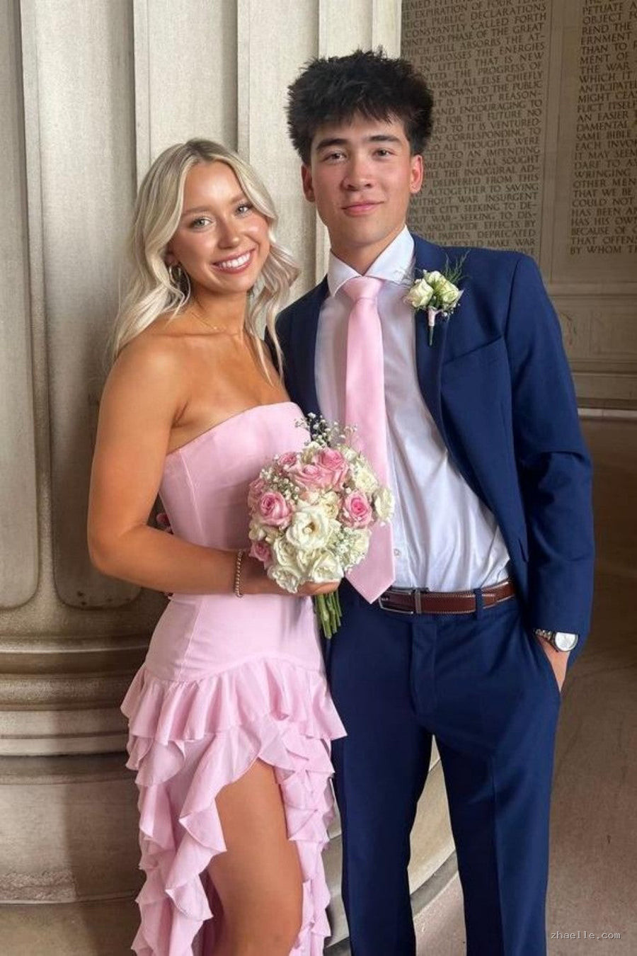 Elegant Pink Strapless Sheath Prom Dress with Cascading Ruffle - Zhaelle formal gown