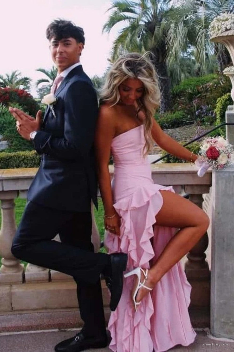 Elegant Pink Strapless Sheath Prom Dress with Cascading Ruffle - Zhaelle formal gown