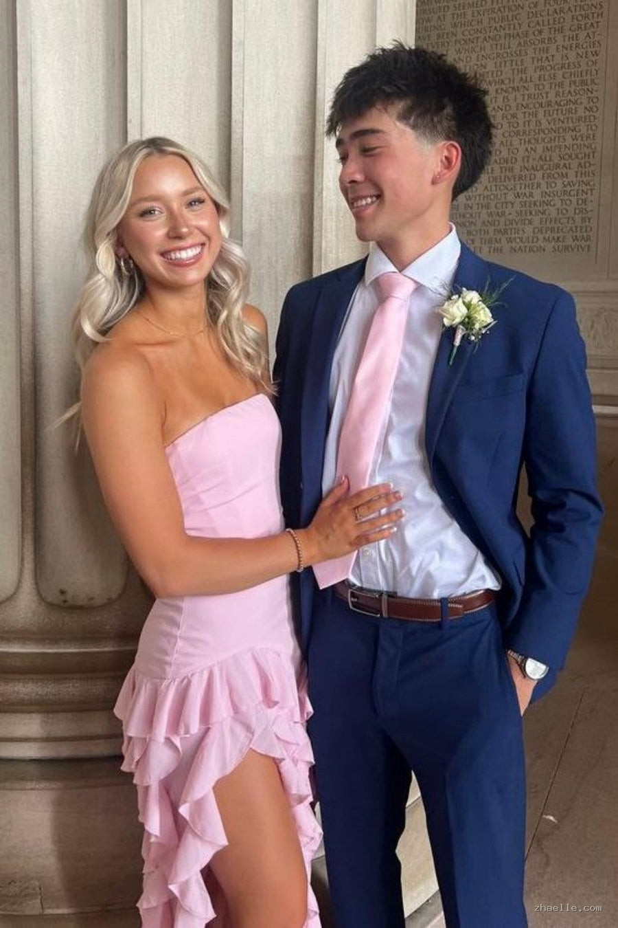 Elegant Pink Strapless Sheath Prom Dress with Cascading Ruffle - Zhaelle formal gown