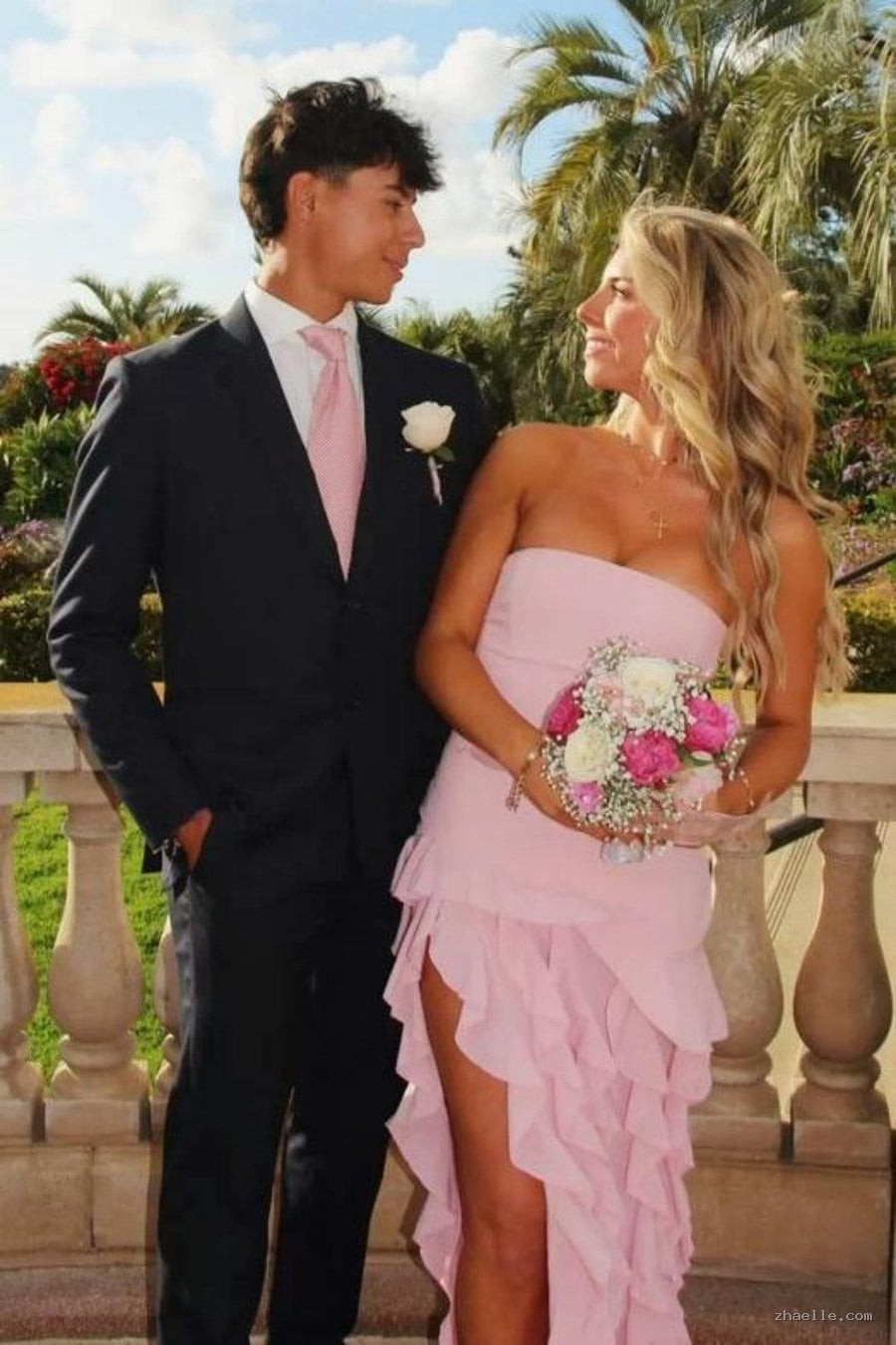 Elegant Pink Strapless Sheath Prom Dress with Cascading Ruffle - Zhaelle formal gown