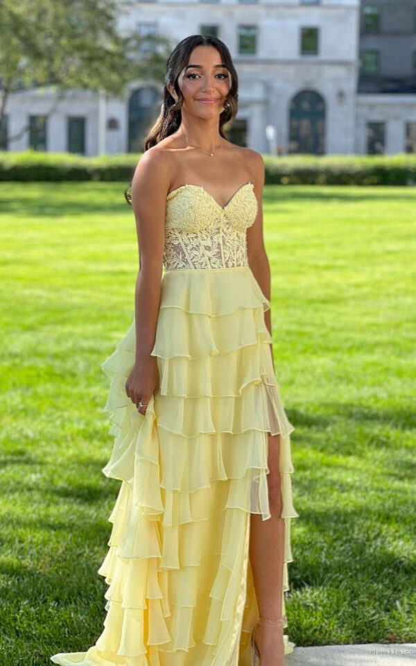 Elegant Ruffle Long Prom Dresses A Line High Slit Dress Outfit - Zhaelle formal gown