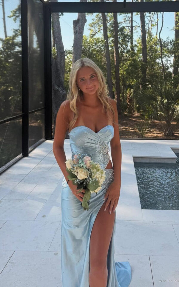 Elegant Strapless Light Blue Beaded Long Dress with Slit Women Birthday Dresses - Zhaelle formal gown