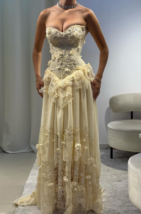Fairy Strapless Floral Applique Long Prom Dresses Yellow Formal Evening Dresses - Zhaelle formal gown