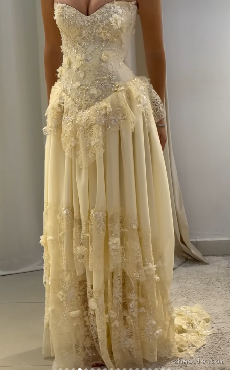 Fairy Strapless Floral Applique Long Prom Dresses Yellow Formal Evening Dresses - Zhaelle formal gown