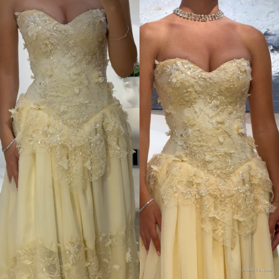 Fairy Strapless Floral Applique Long Prom Dresses Yellow Formal Evening Dresses - Zhaelle formal gown