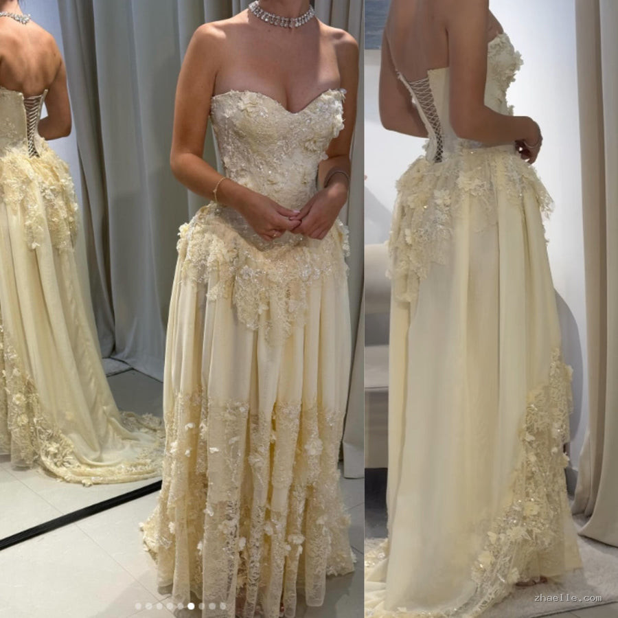 Fairy Strapless Floral Applique Long Prom Dresses Yellow Formal Evening Dresses - Zhaelle formal gown
