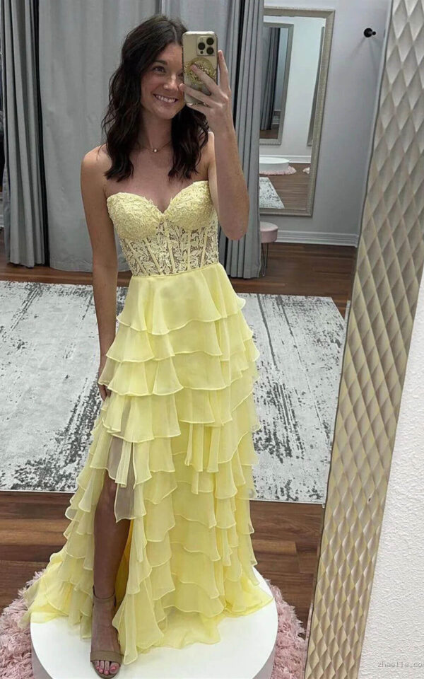 Fancy Yellow Prom Dress Tiered Chiffon Ball Dresses Long - Zhaelle formal gown