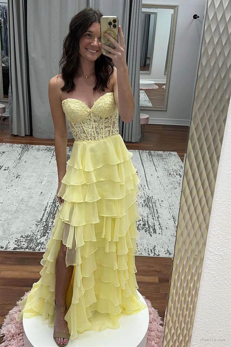 Fancy Yellow Prom Dress Tiered Chiffon Ball Dresses Long - Zhaelle formal gown
