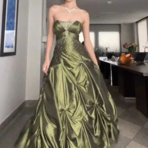 Forest Green Ball Gown Long Prom Dresses With Silver Beads Sweet Strapless Satin Evening Dress - Zhaelle formal gown