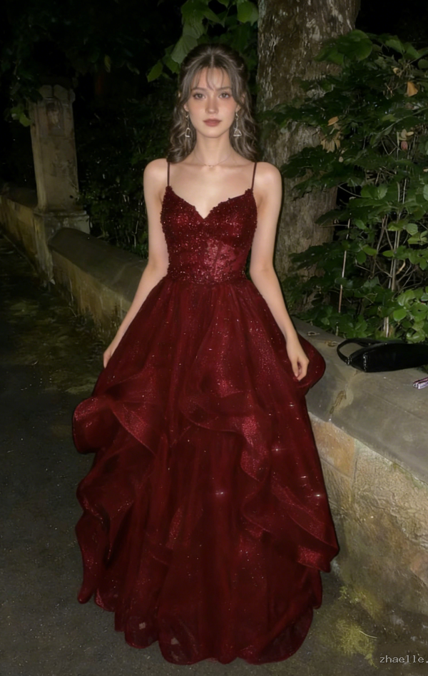 Glamorous Burgundy Spaghetti Strap Ruffled Sweet 15 Quinceanera Ball Gown - Zhaelle formal gown