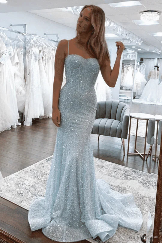 Glitter Blue Prom Formal Dress Long Mermaid Straps Holiday Dresses - Zhaelle formal gown