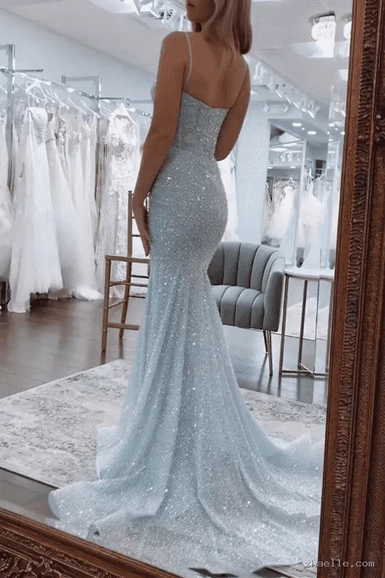 Glitter Blue Prom Formal Dress Long Mermaid Straps Holiday Dresses - Zhaelle formal gown