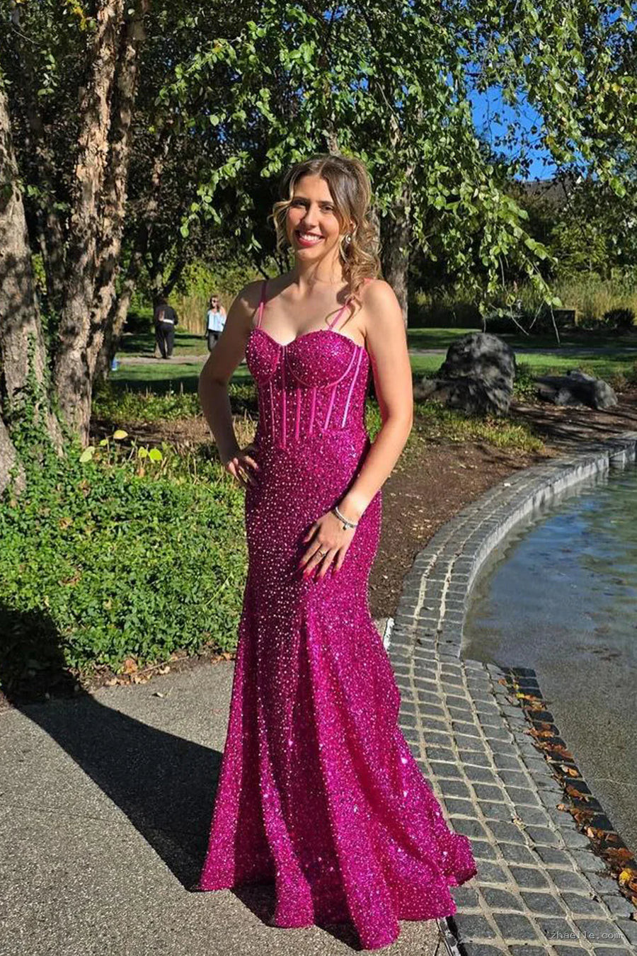 Glitter Blue Prom Formal Dress Long Mermaid Straps Holiday Dresses - Zhaelle formal gown