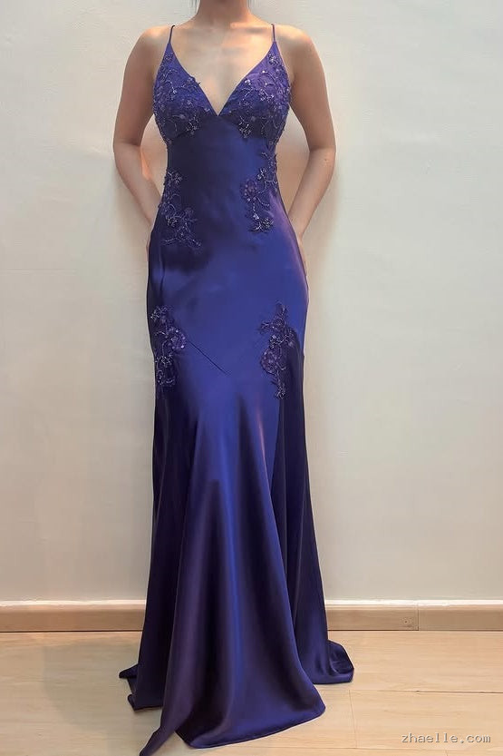Green V-Neck Appliques Satin Mermaid Party Dress Open Back Evening Gowns - Zhaelle formal gown