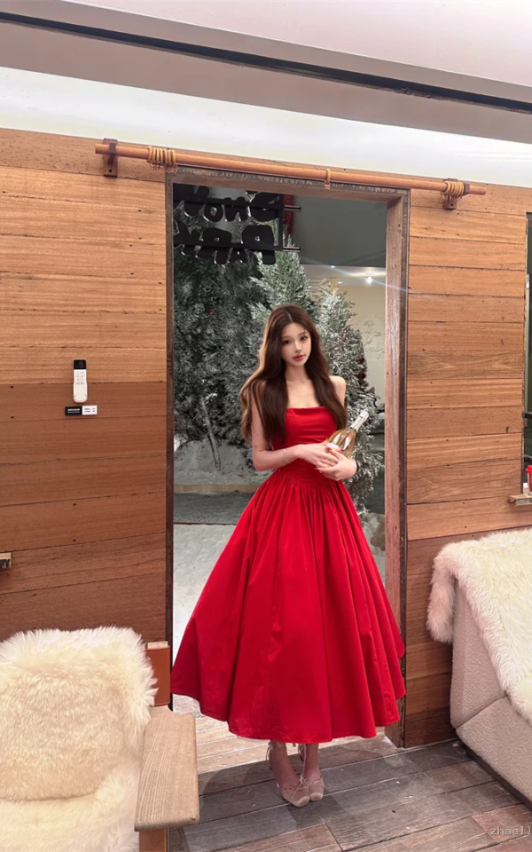 Halter A Line Satin Long Prom Dress Red Midi Evening Dresses Birthday Dress - Zhaelle formal gown