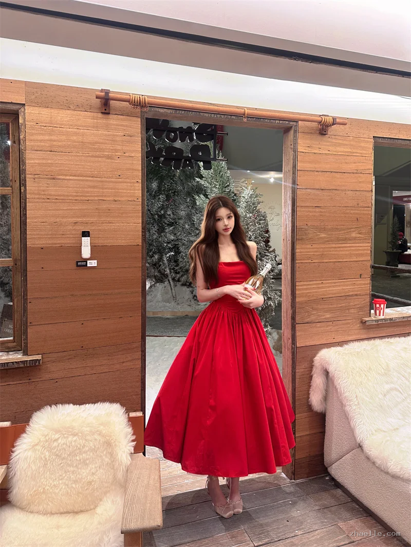 Halter A Line Satin Long Prom Dress Red Midi Evening Dresses Birthday Dress - Zhaelle formal gown