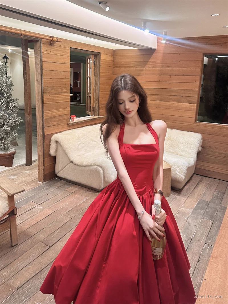 Halter A Line Satin Long Prom Dress Red Midi Evening Dresses Birthday Dress - Zhaelle formal gown