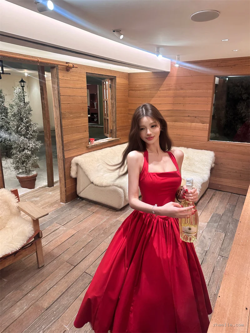 Halter A Line Satin Long Prom Dress Red Midi Evening Dresses Birthday Dress - Zhaelle formal gown