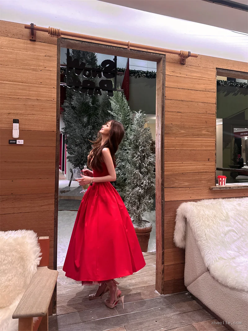 Halter A Line Satin Long Prom Dress Red Midi Evening Dresses Birthday Dress - Zhaelle formal gown