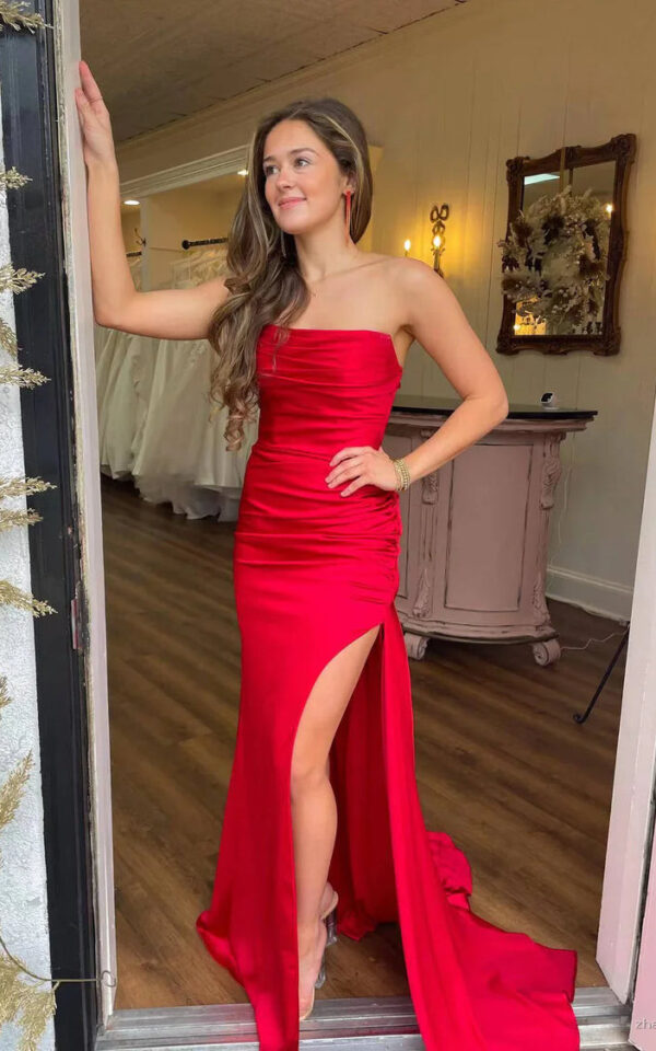 Mermaid Ruched Red Senior Prom Dress With Slit Strapless - Zhaelle formal gown