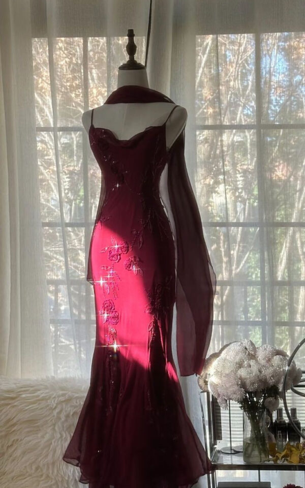 Mermaid Spaghetti Straps Burgundy Chiffon Prom Dresses Inspiration Trending Evening Gowns Formal Party - Zhaelle formal gown