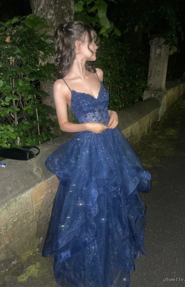 Navy Blue A Line Formal Outfit Tiered Tulle Long Prom Evening Gown - Zhaelle formal gown