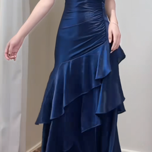 Navy Blue Sheath Long Prom Dresses Satin Off-shoulder Evening Gowns Dramatic Ruffles Birthday Dress - Zhaelle formal gown