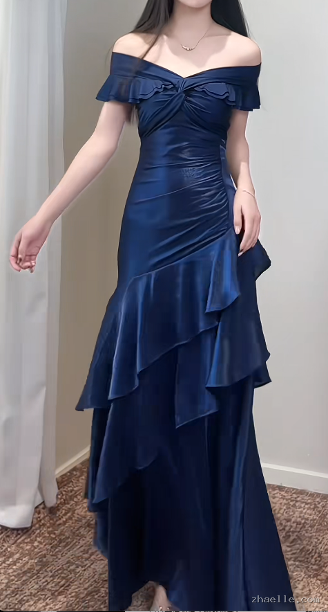 Navy Blue Sheath Long Prom Dresses Satin Off-shoulder Evening Gowns Dramatic Ruffles Birthday Dress - Zhaelle formal gown