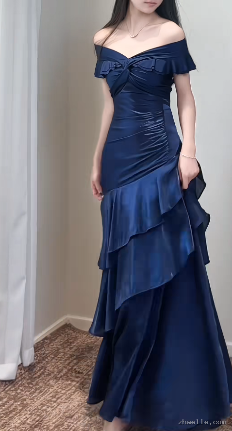 Navy Blue Sheath Long Prom Dresses Satin Off-shoulder Evening Gowns Dramatic Ruffles Birthday Dress - Zhaelle formal gown