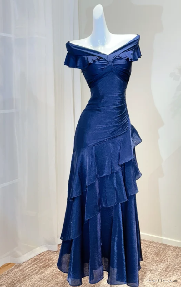 Navy Blue Sheath Long Prom Dresses Satin Off-shoulder Evening Gowns Dramatic Ruffles Birthday Dress - Zhaelle formal gown