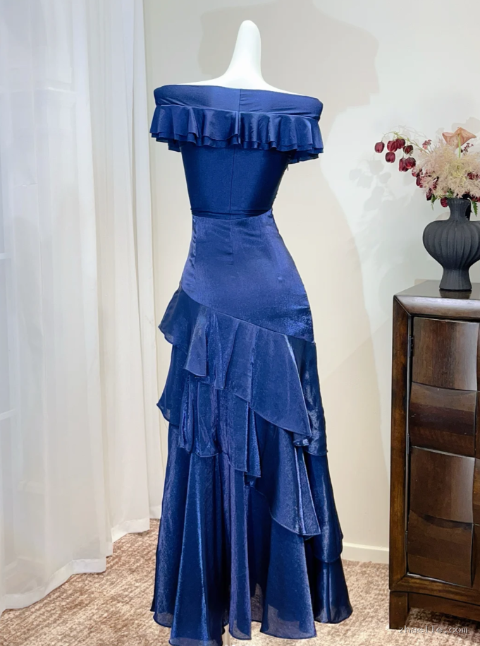 Navy Blue Sheath Long Prom Dresses Satin Off-shoulder Evening Gowns Dramatic Ruffles Birthday Dress - Zhaelle formal gown