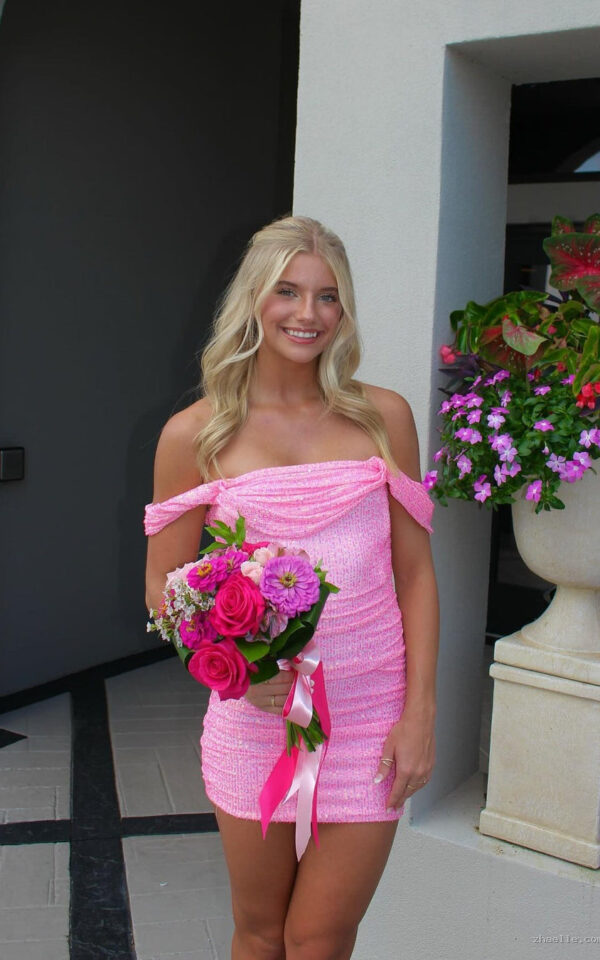 Off the Shoulder Pink Ruched Sequin Short Dresses Sparkly Dress Outfit - Zhaelle formal gown