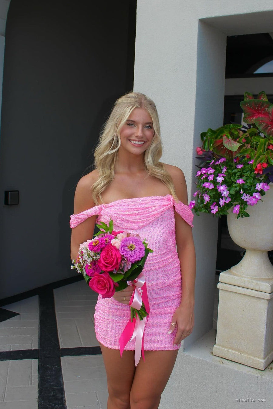 Off the Shoulder Pink Ruched Sequin Short Dresses Sparkly Dress Outfit - Zhaelle formal gown