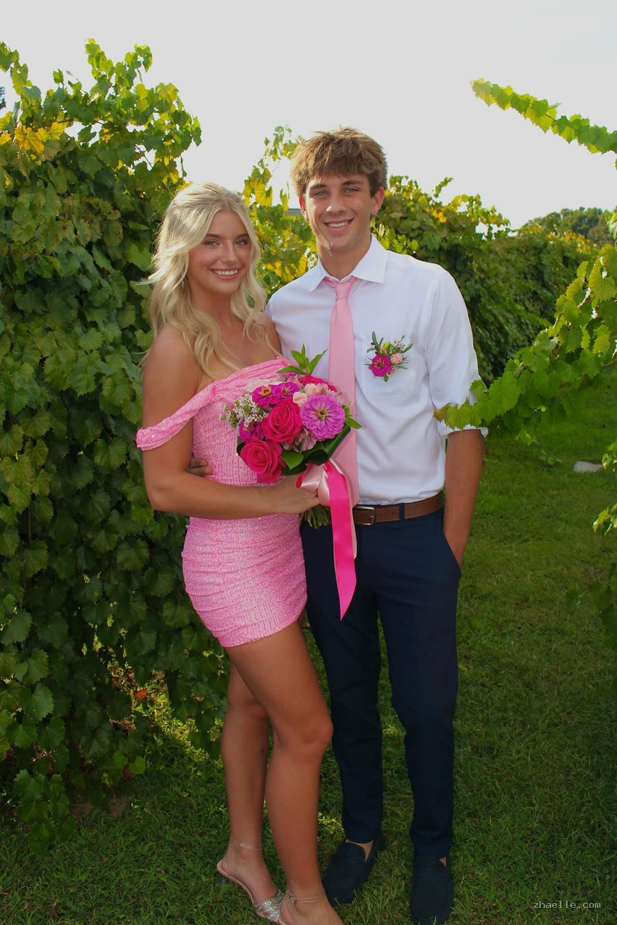 Off the Shoulder Pink Ruched Sequin Short Dresses Sparkly Dress Outfit - Zhaelle formal gown