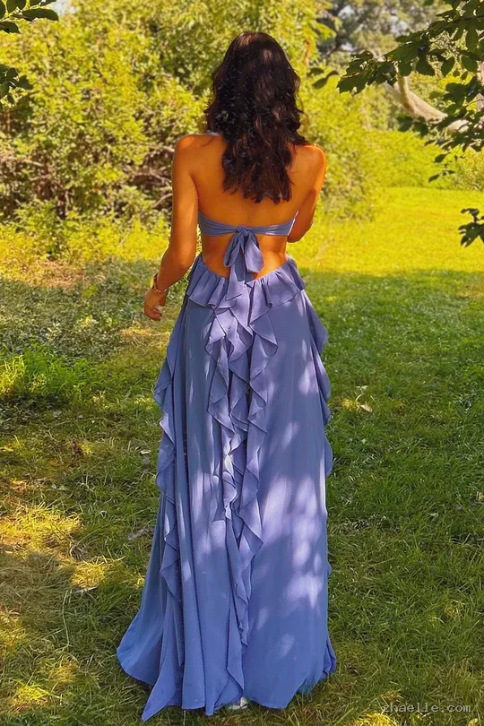 Pretty Halter Ruffle Chiffon Long Prom Dress Wedding Guest Outfit - Zhaelle formal gown