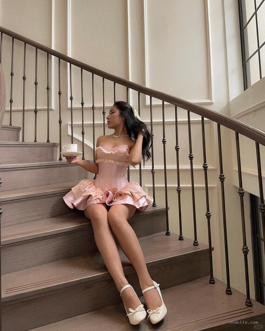 Princess Pink Sweetheart Satin A-Line 17th Birthday Dress Prom Outfit - Zhaelle formal gown