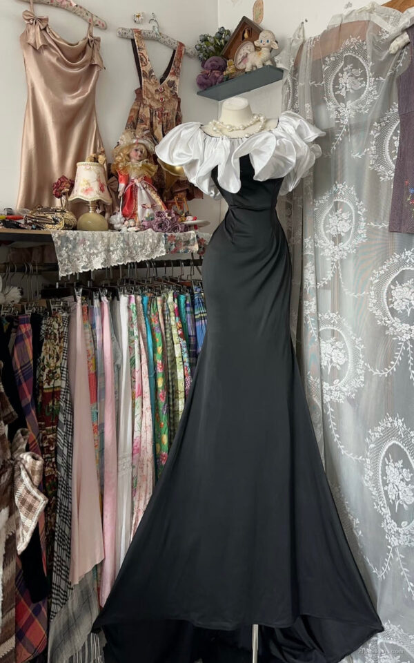 Ruffle Off The Shoulder Black Prom Dress Mermaid Formal Party Dresses Long - Zhaelle formal gown